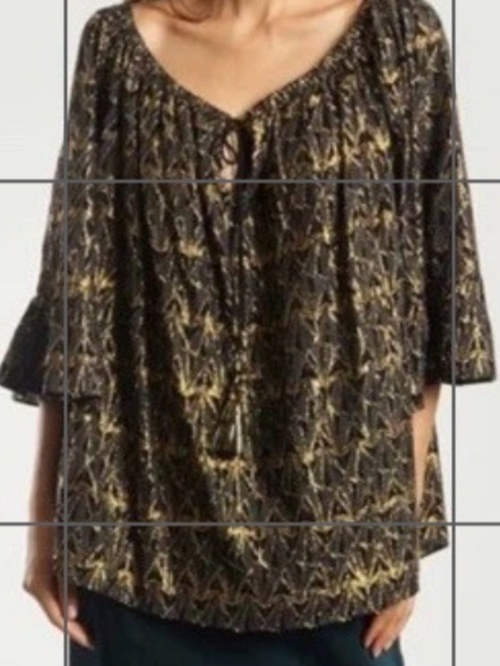 Mes Demoiselles Paris Metallic Boho Blouse Black Gold Jacquard Tie Neck NWT L